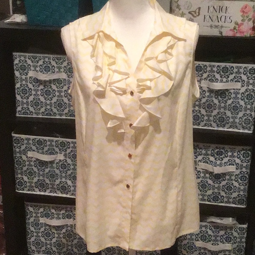 Sleeveless Yellow and White Ruffled  Blouse